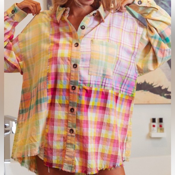 New Trendy Boho Multi Plaid Vintage Washed Distressed Hem Button Down Shirt - Picture 6 of 10